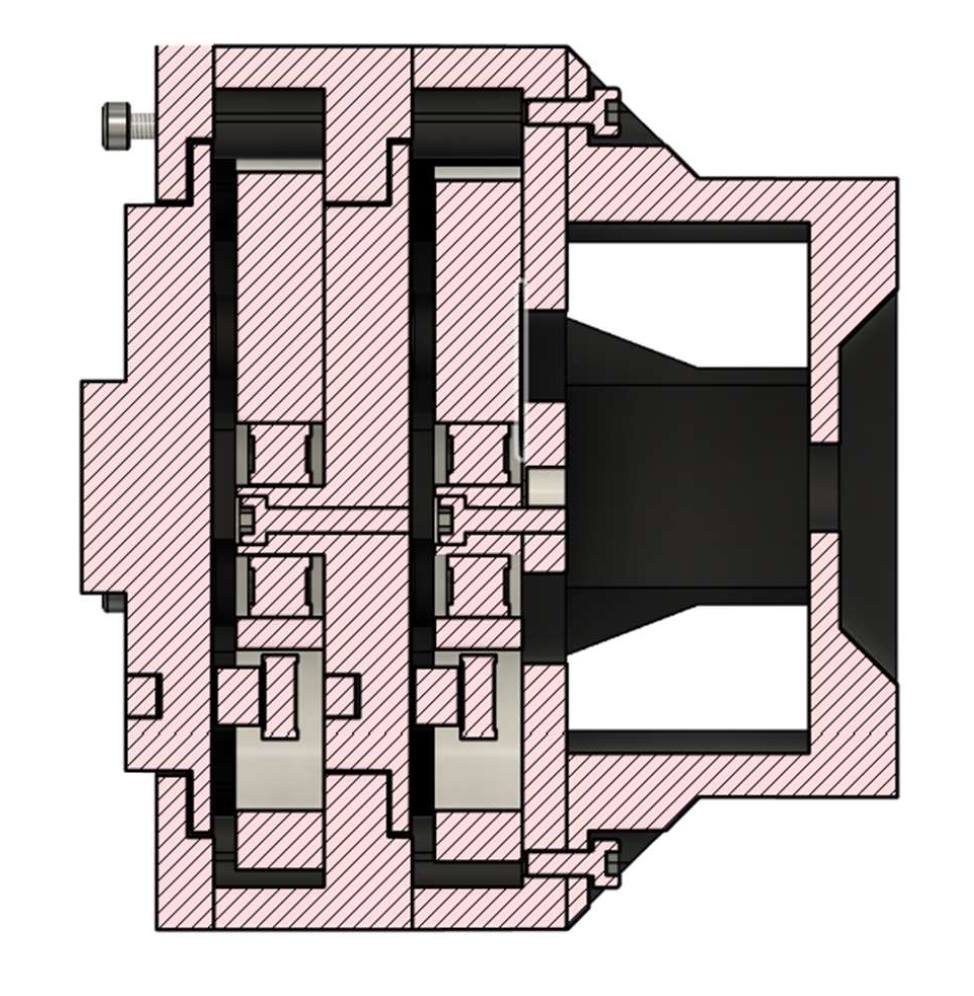Hatched CAD cross-section of the gearbox showing two cycloidal discs stacked on one axis with bearings at their centers, the output plate on the left, and the motor cage on the right.