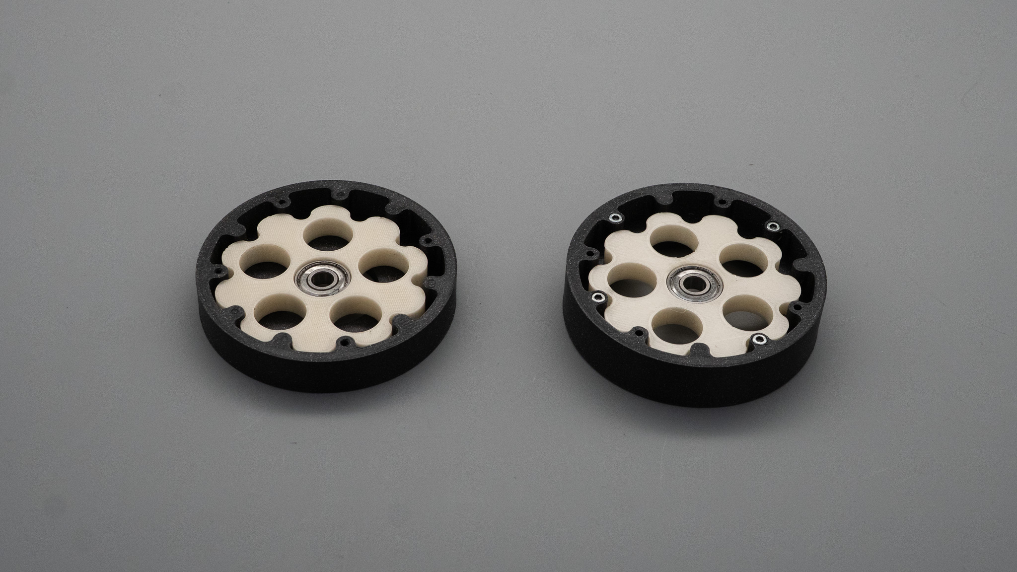 Two black ring housings, each holding a cream lobed cycloidal disc with a metal bearing at its center and several large circular holes.